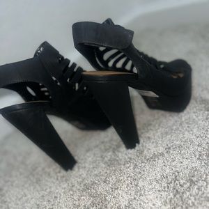 Black Peep Caged Velcro High Heel